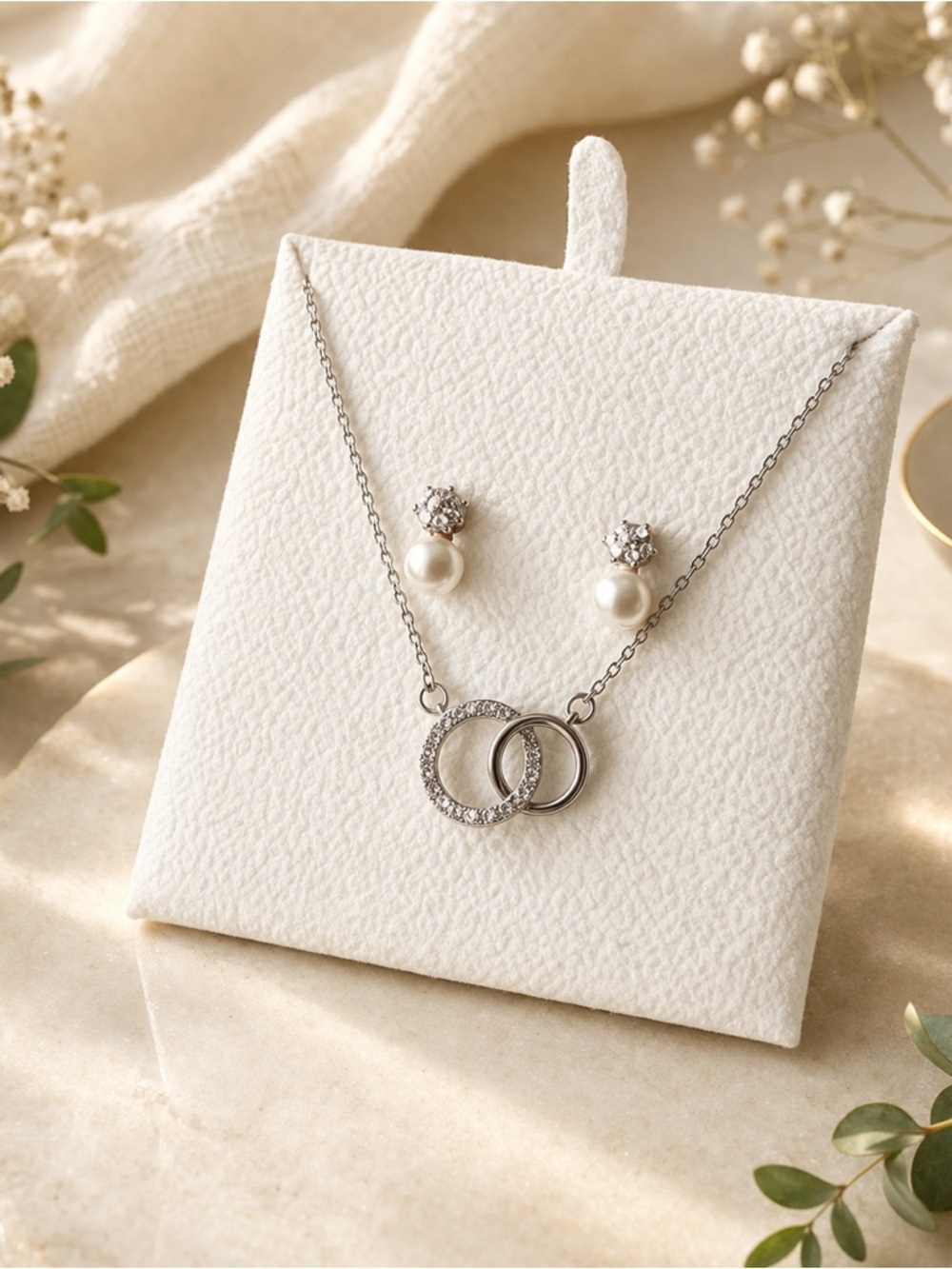 Silver Tone Circle Pendant Necklace & Faux Pearl Stud Earrings Set